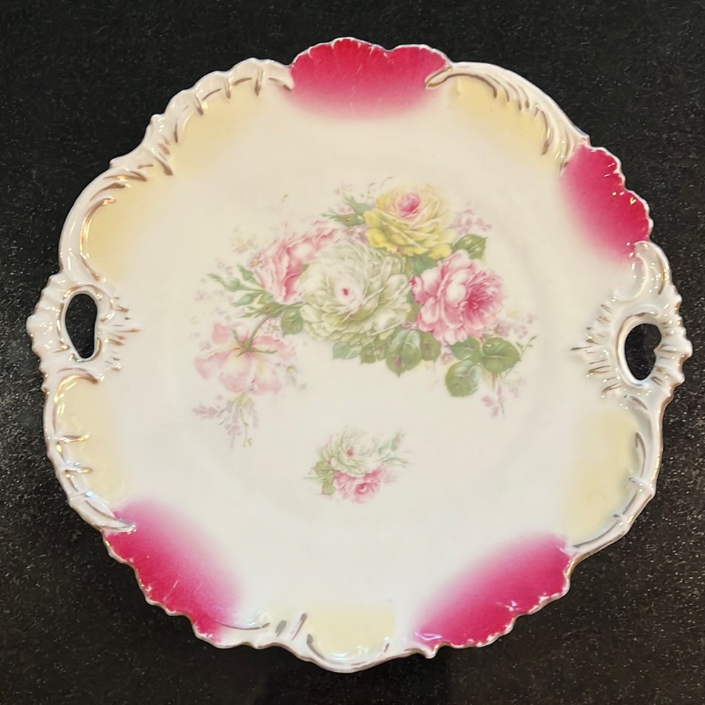 Vintage Shabby Chic Hand Painted Rose Handled Plate